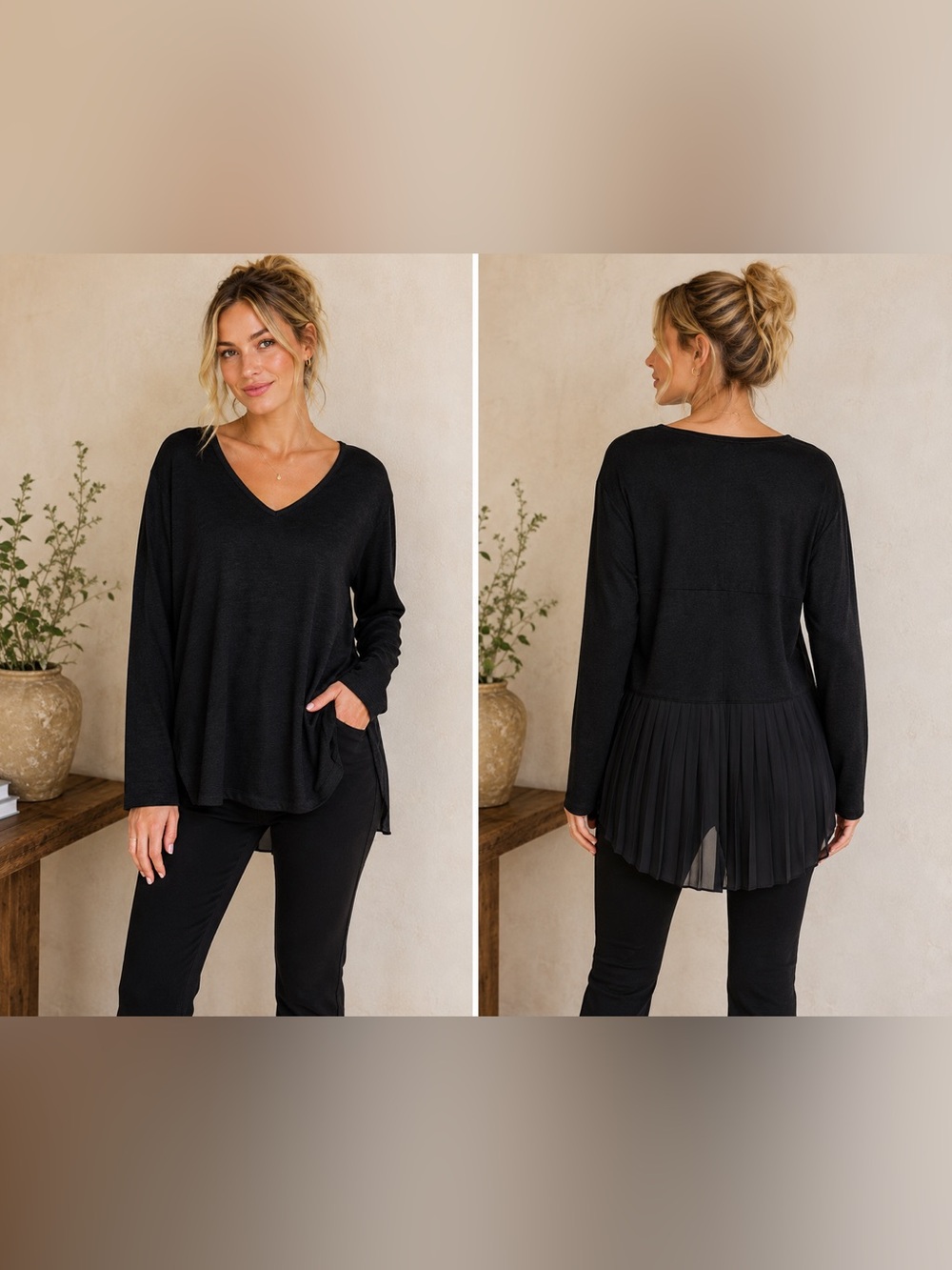 NIC+ZOE Black V-Neck Long Sleeve Top with Pleated Back Panel